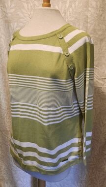 F07 Collection L green & white striped sweater with button accents long sleeves
